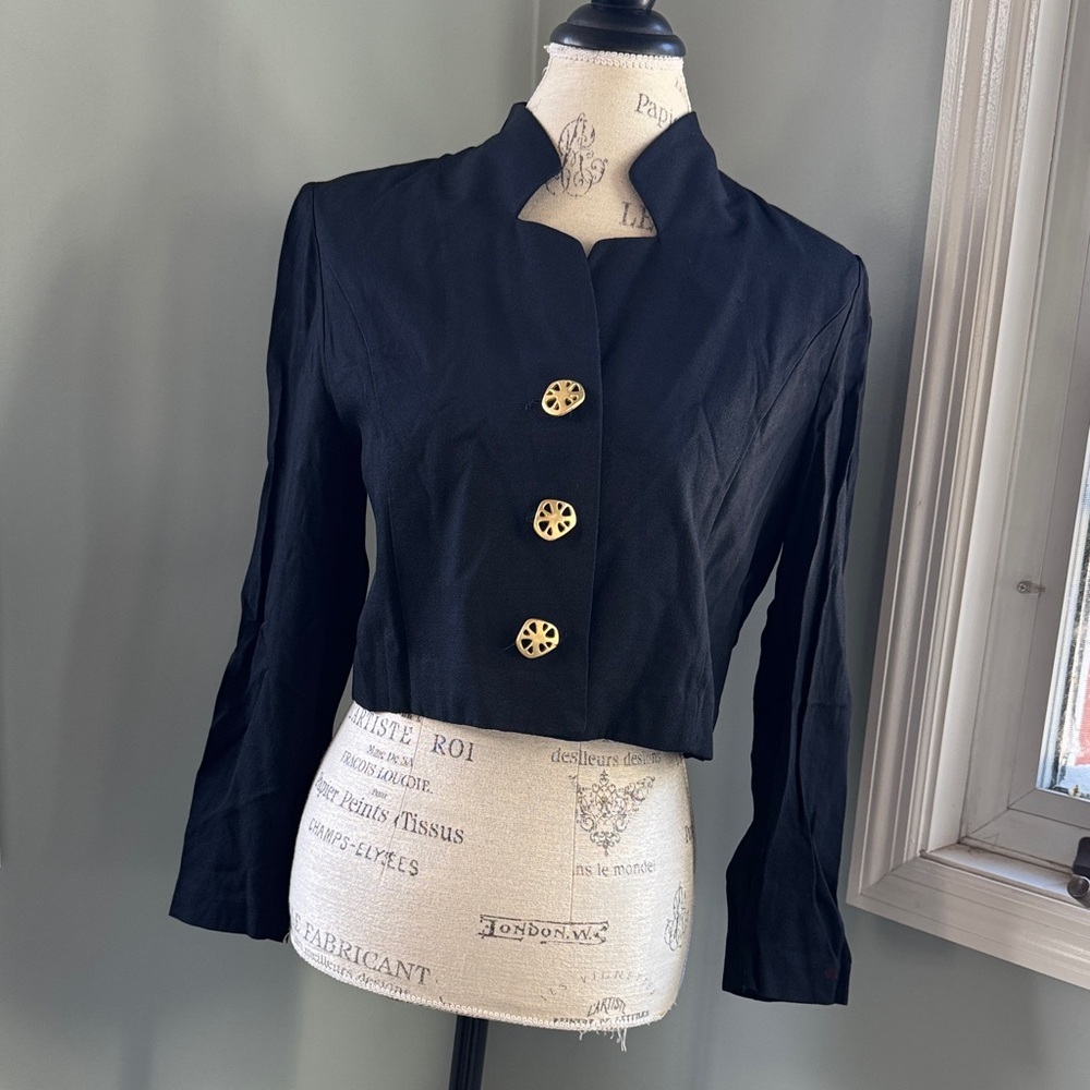 Taurus II vintage 90’s acetate‎ black cropped jacket geometric gold buttons Sz 6
